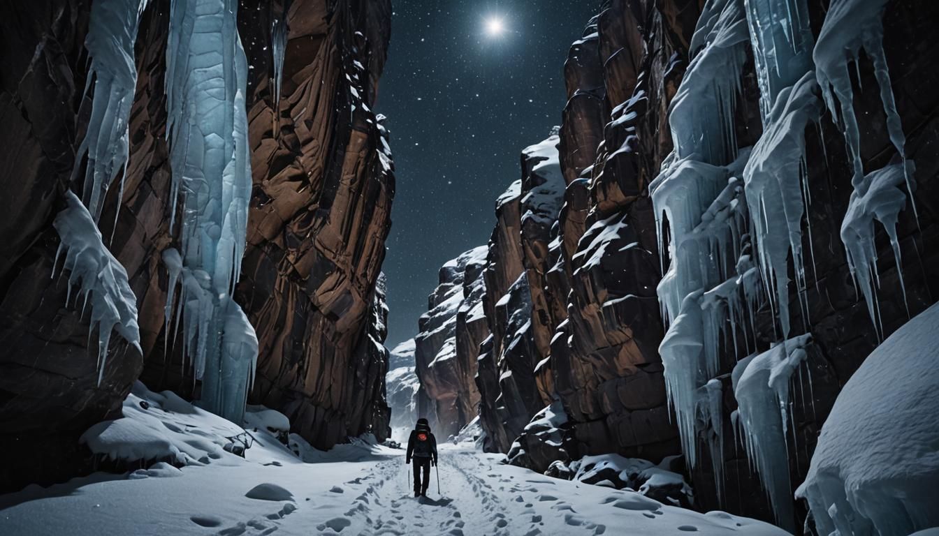 Icy Canyon: Solitary Figure in Winter Landscape