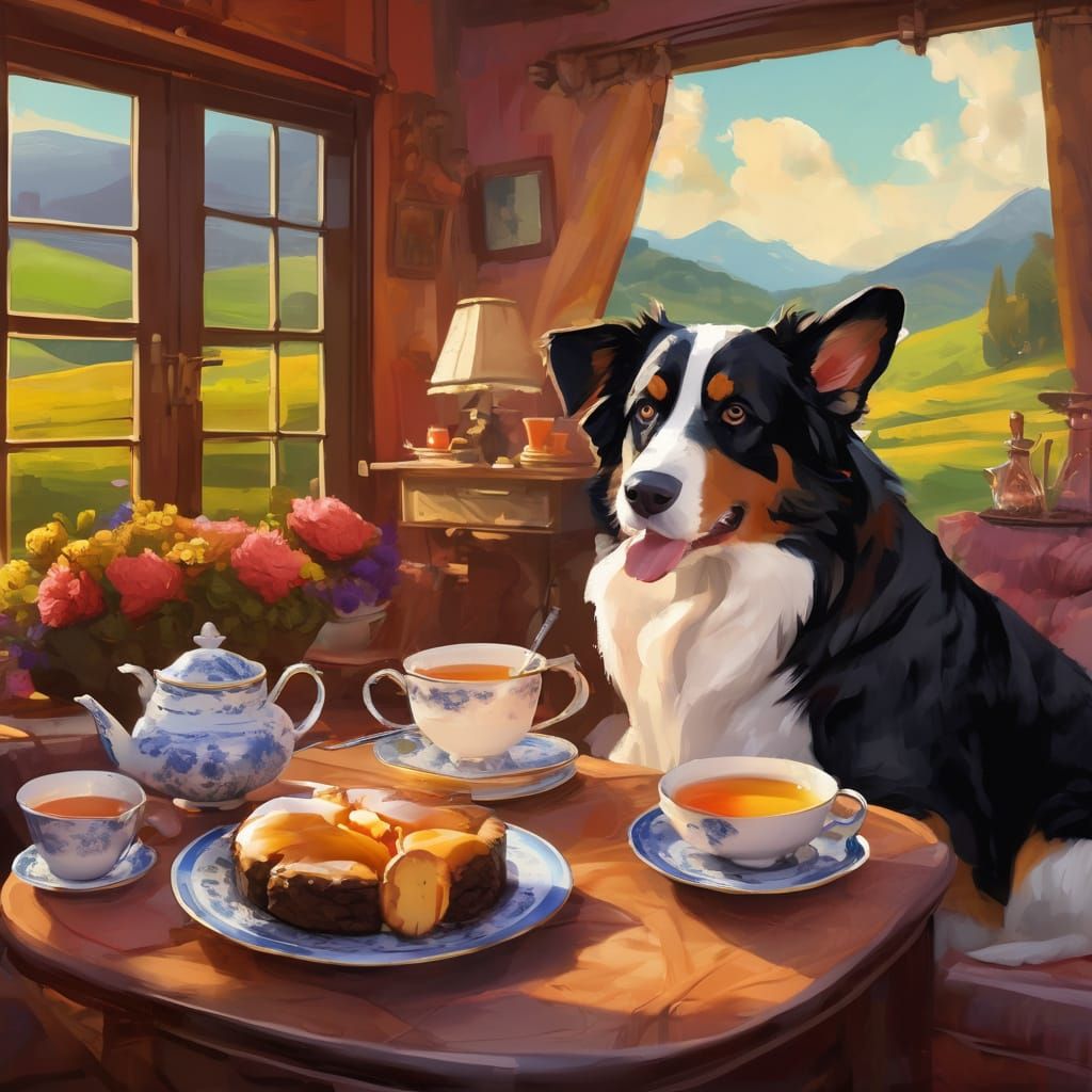 Corgi and Bernese Mountain Dog Tea Party