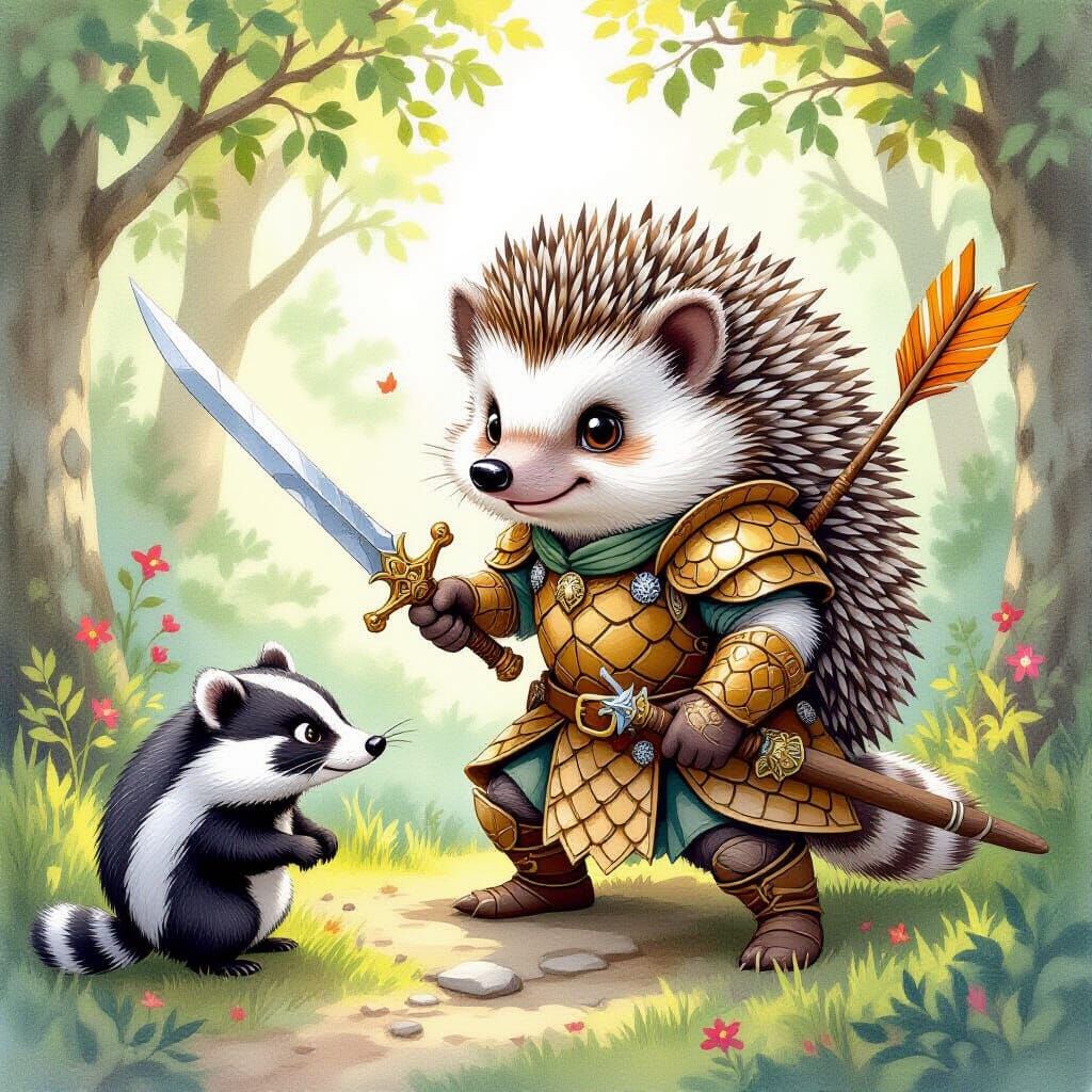 Hedgehog Warrior Defends Forest in Watercolor Style