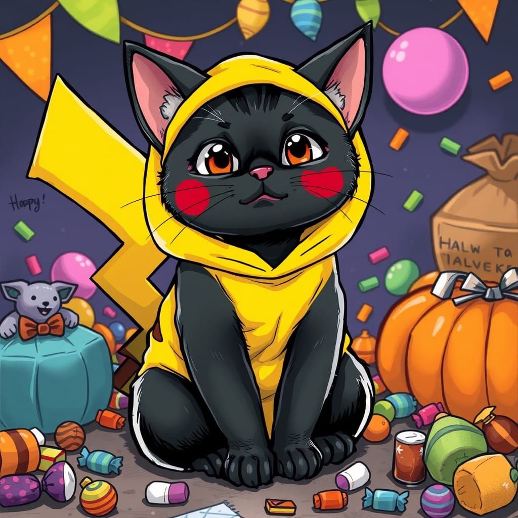 Black Cat as Pikachu in Cartoon Halloween Scene
