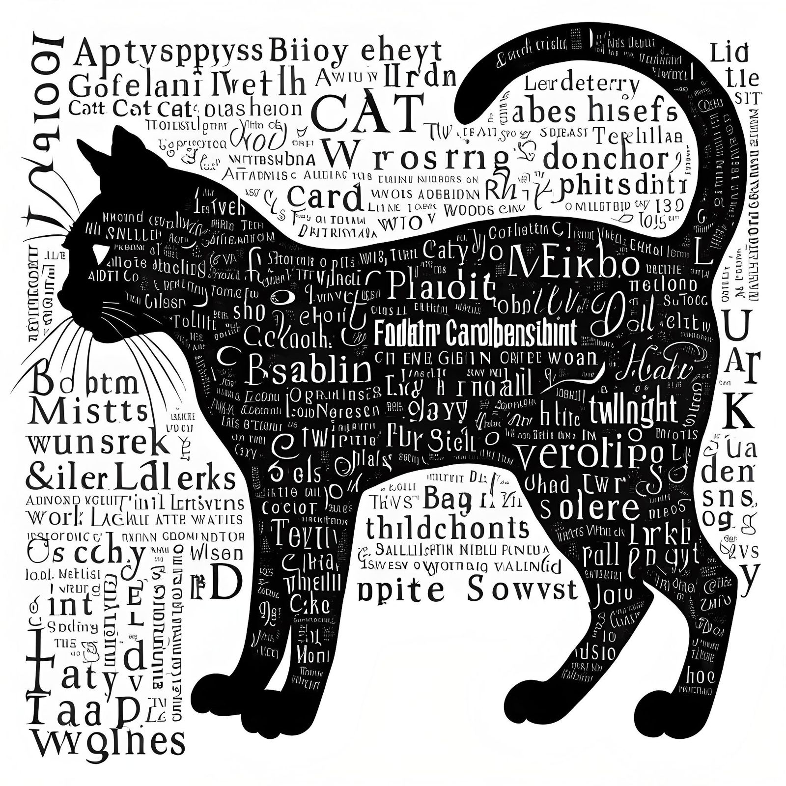 Silhouette Cat Filled with Word Art at Twilight