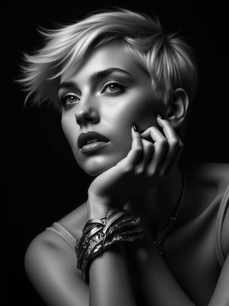 Regal Woman in Hyperrealistic Black and White Portrait