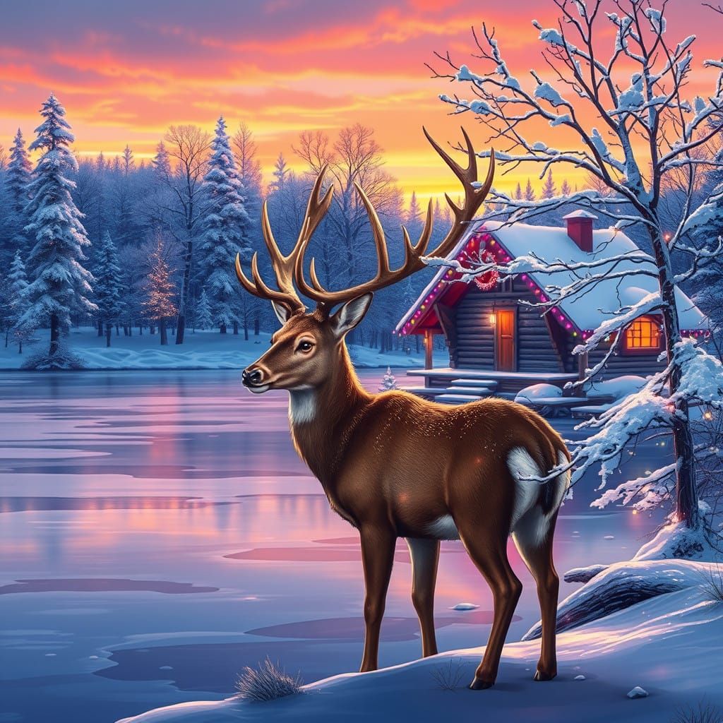 Serenely Adorned Winter Deer in a Vibrant Sunset Landscape