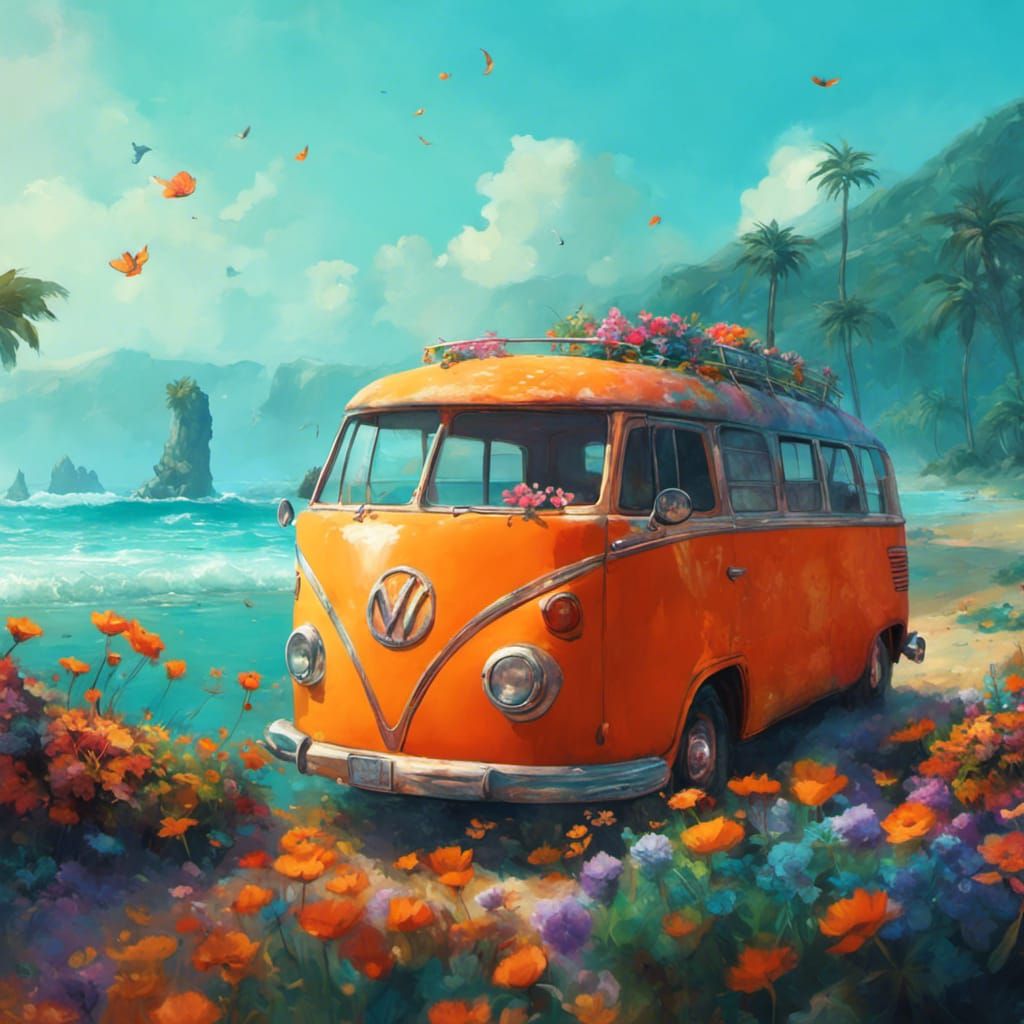 Vintage Surfer Bus on Beach in Hyperdetailed Style