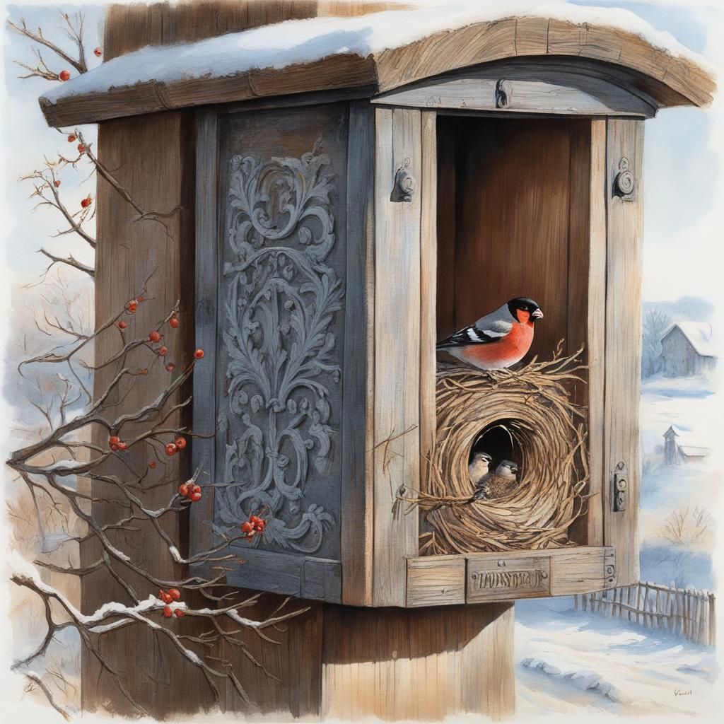 Bullfinch Nest in Winter, Gouache and Watercolor