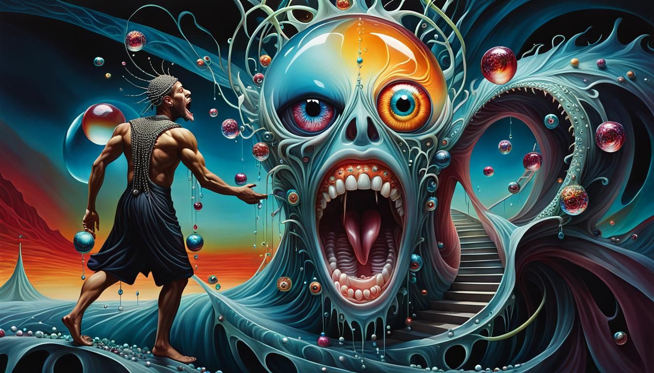 Cosmic Battle of Good and Evil in Surreal Style