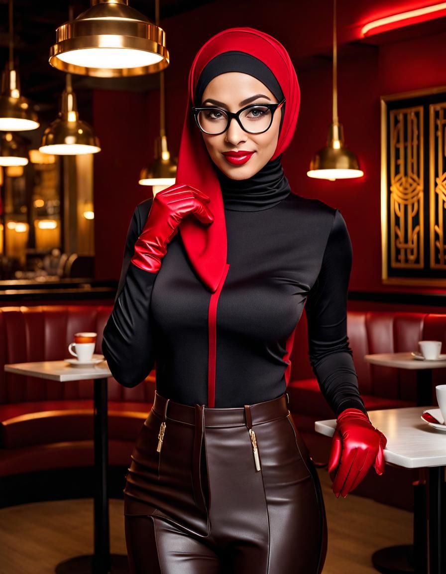 Art Deco Portrait of Hijabi Woman in Cafe