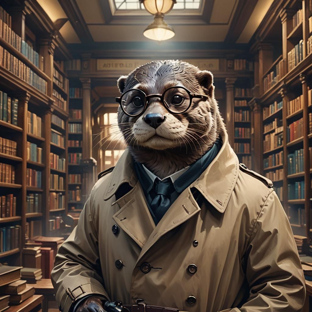 Otter Professor Portrait in Library, Digital Art