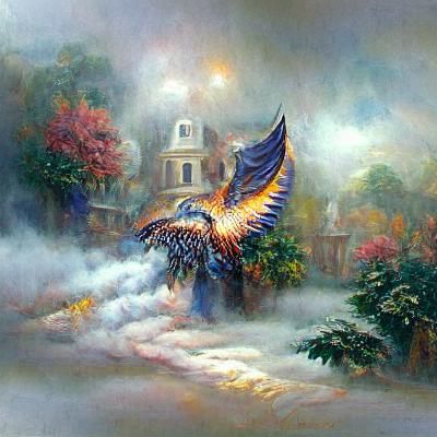 Ethereal Phoenix Rising in a Misty Landscape