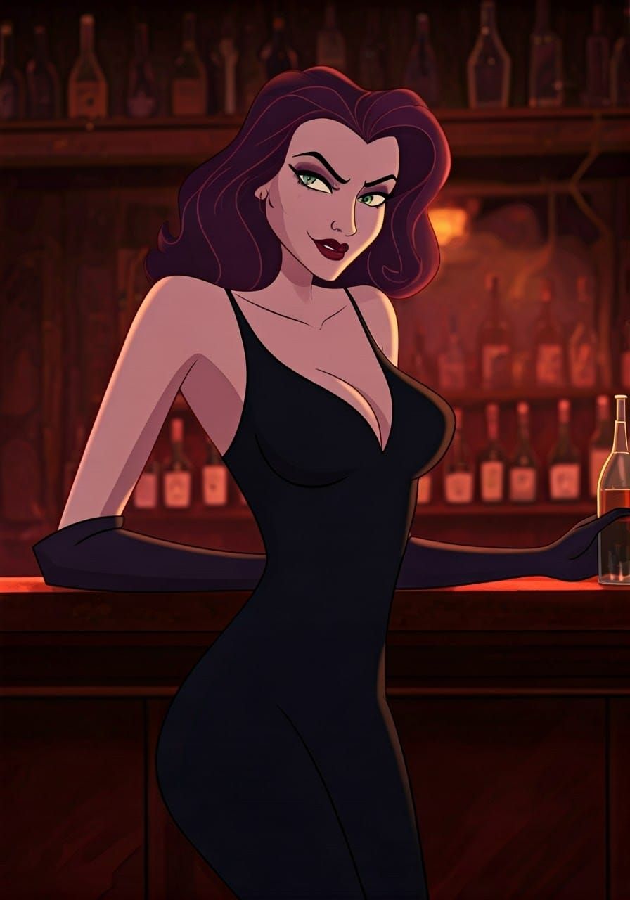 Sultry Spy Natasha Fatale in a Smoky Bar