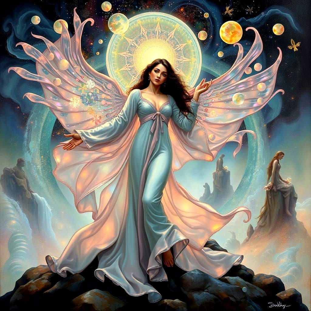 Opalescent Dreamer in a Surreal Art Nouveau Landscape