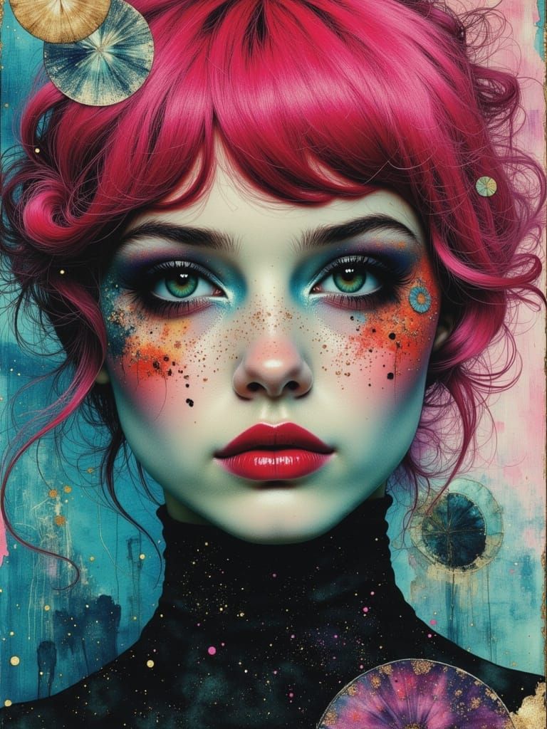 Gothic Abstract Portrait of a Pink-Haired Woman