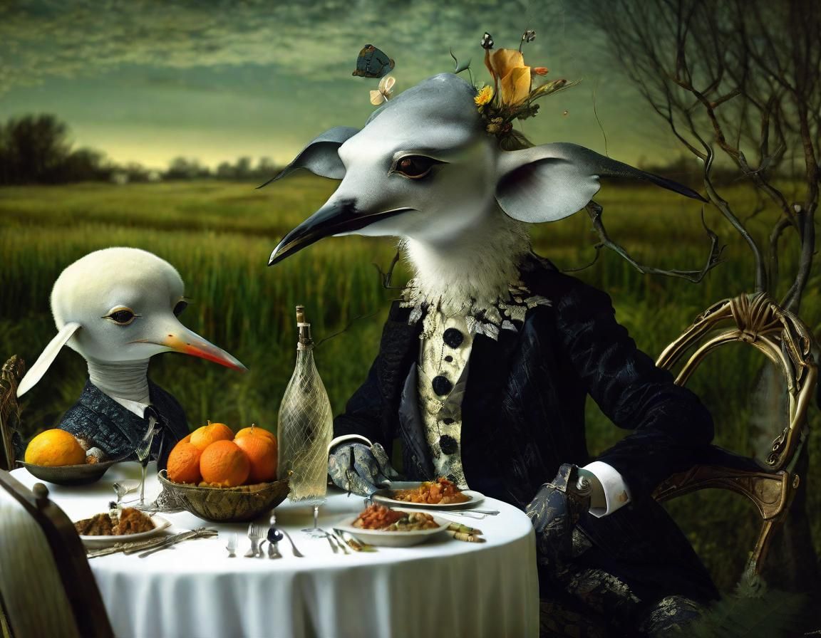 Surreal Alien Restaurant Celebration in Dreamy Light