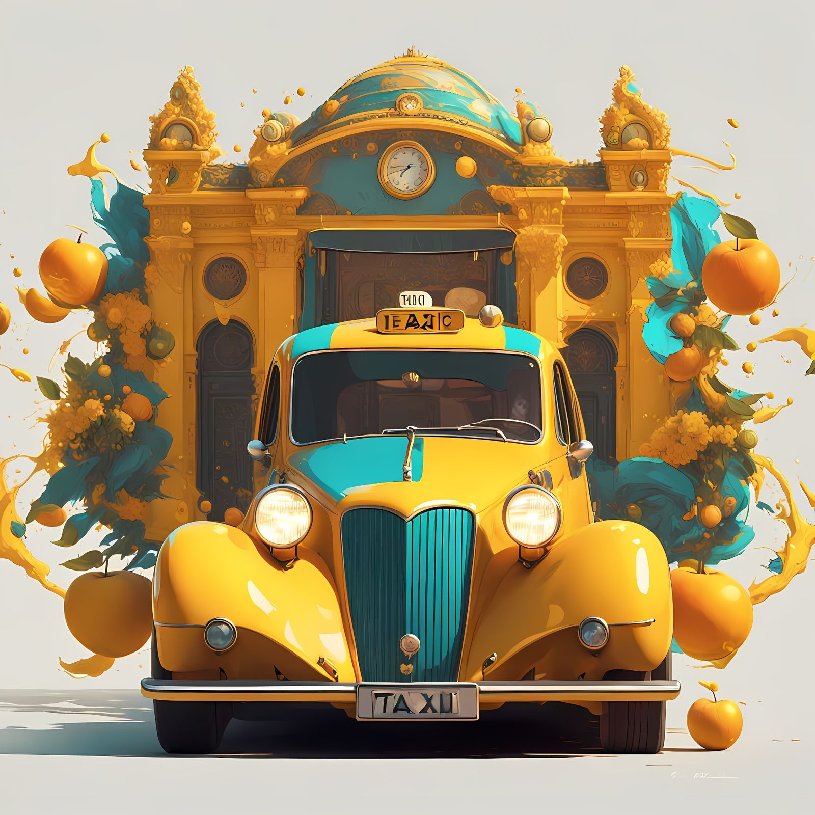 Surreal Apple Yellow Taxi in Hyperdetailed Concept Art Style