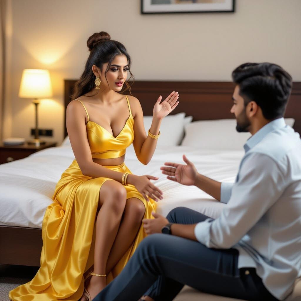 Indian Woman in Yellow Silk Outfit Confronts Man on Bed