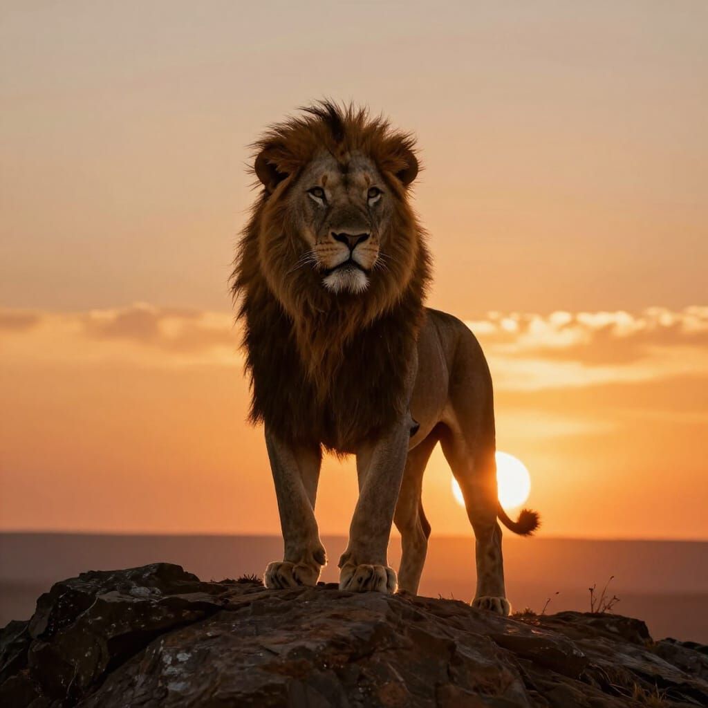 Majestic Lion Silhouetted Against Fiery Sunset