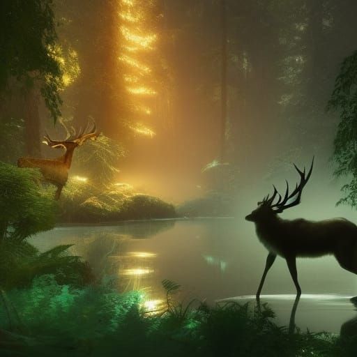 Pastel Green Wolf with Antlers in Rainforest, Concept Art