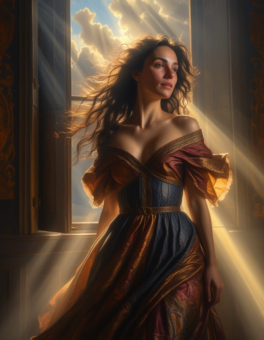 Ethereal Renaissance Goddess in Warm Chiaroscuro Light