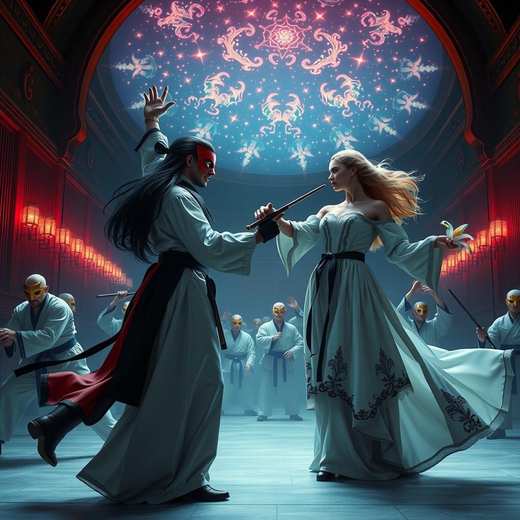 Surreal Masquerade Ball in Art Nouveau Style