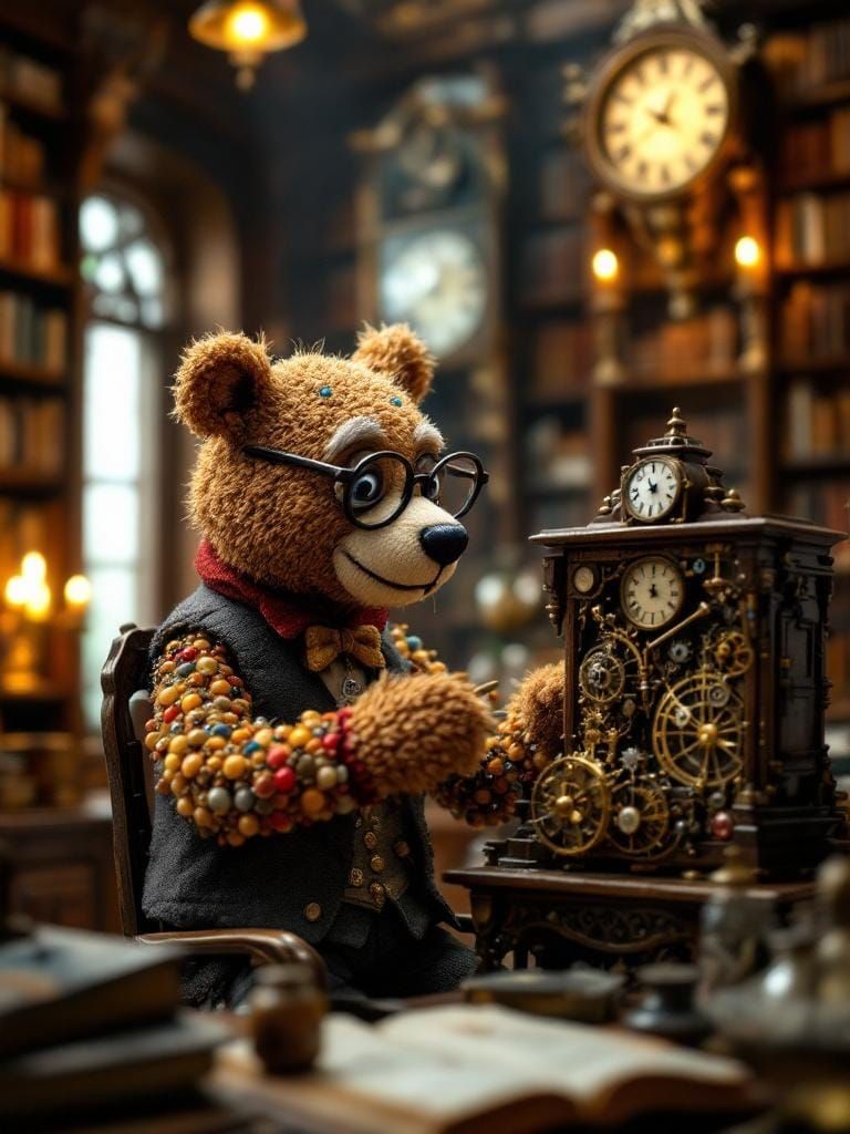 Teddy Bear Puppet Repairs Clock in Library