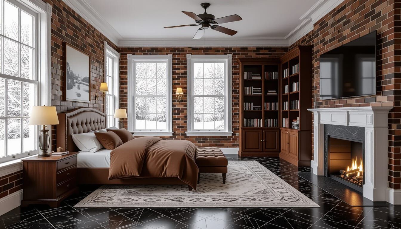 Victorian Bedroom with Snowfall in Impressionistic Style