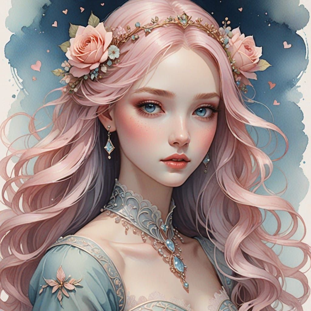 Ethereal Young Goddess with Rose-Petal Hair and Heart-Shaped...