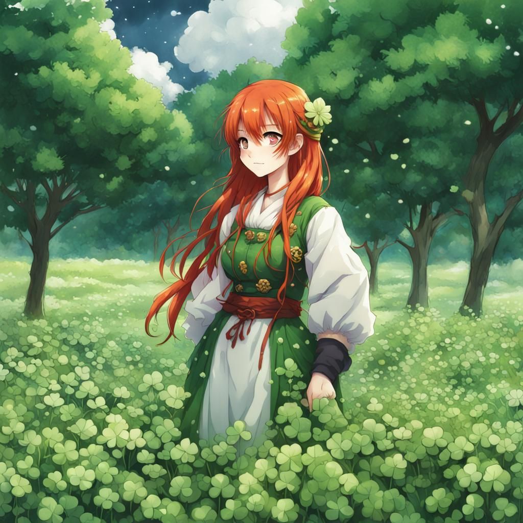 Irish Woman in Clover Field: Anime Style
