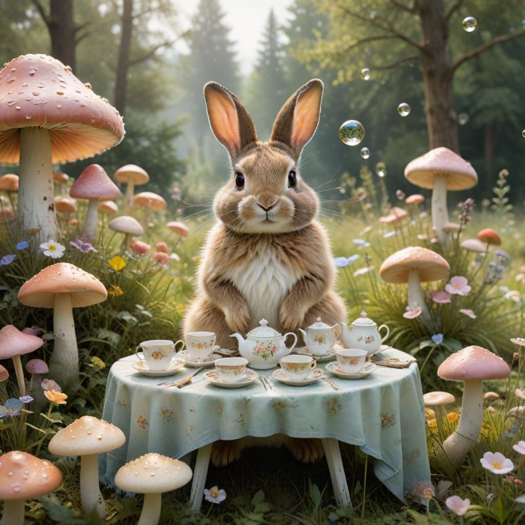 Whimsical Tea Party with Bunny in Watercolor Style