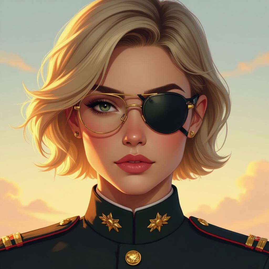 Determined Woman in Uniform with Eyepatch and Glasses