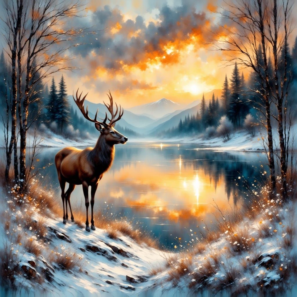 Deer in Winter Landscape Impressionistic Painting