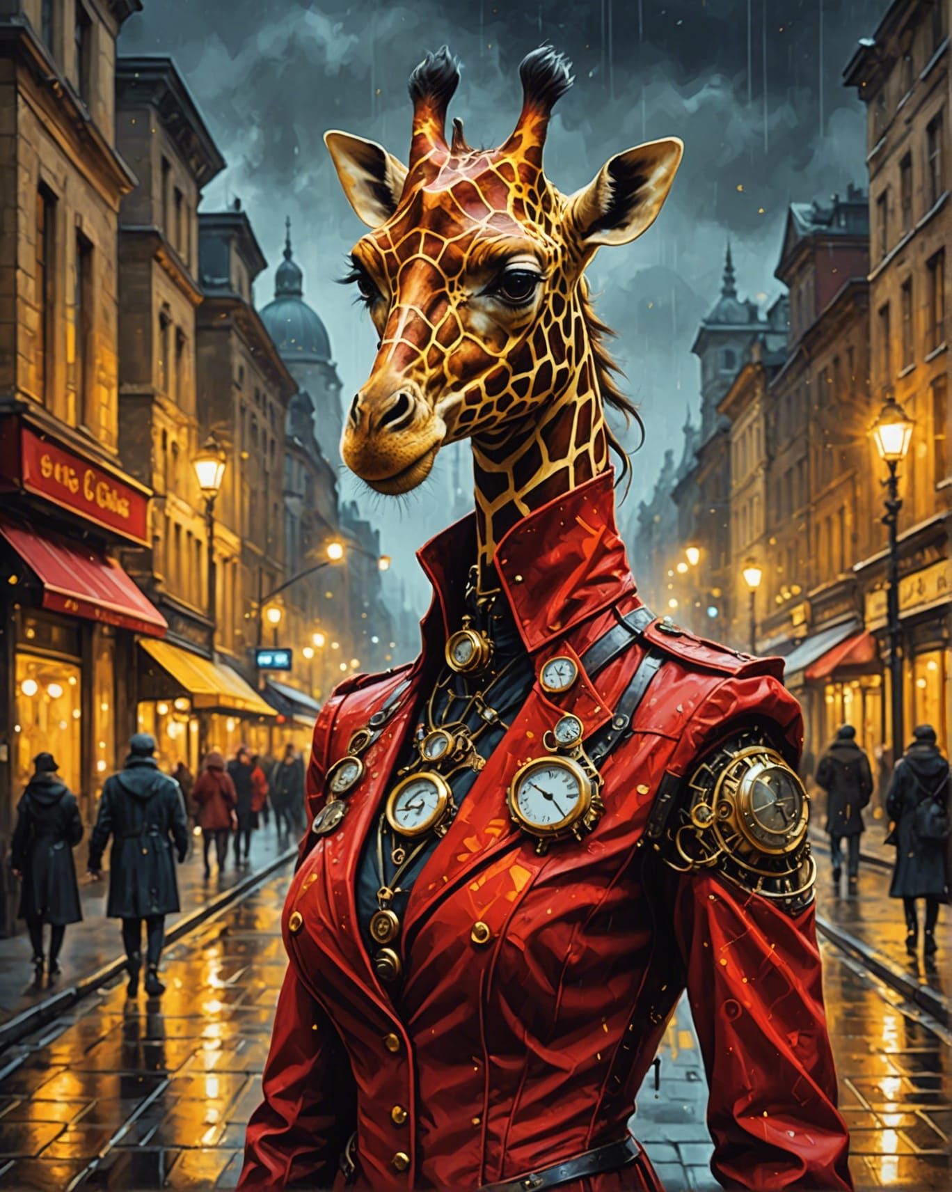 Steampunk Giraffe in Red Dress, Oil Painting Style