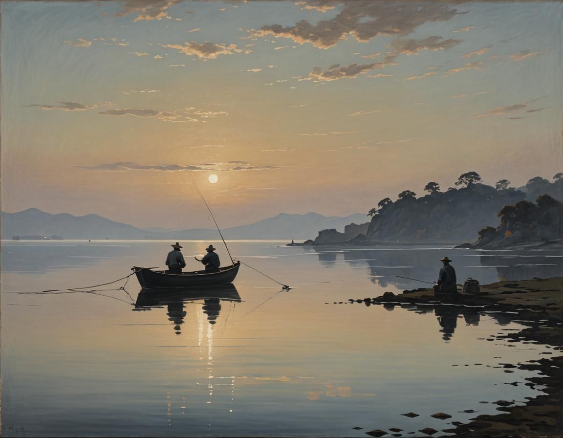 Fishermen at Sunset: Impressionistic Realism Painting