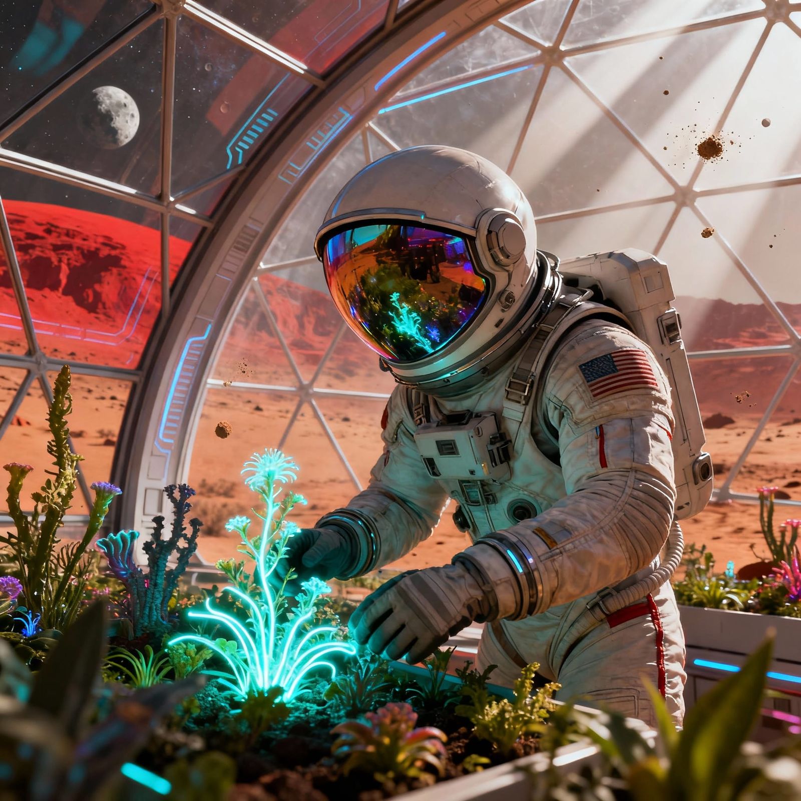 Astronaut Tends Glowing Martian Garden in Geodesic Dome