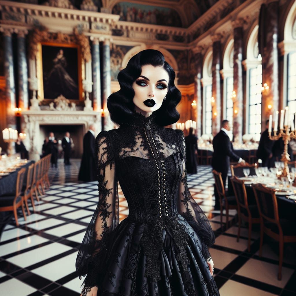 Gothic Lady in Black Silk Dress at Mansion Party