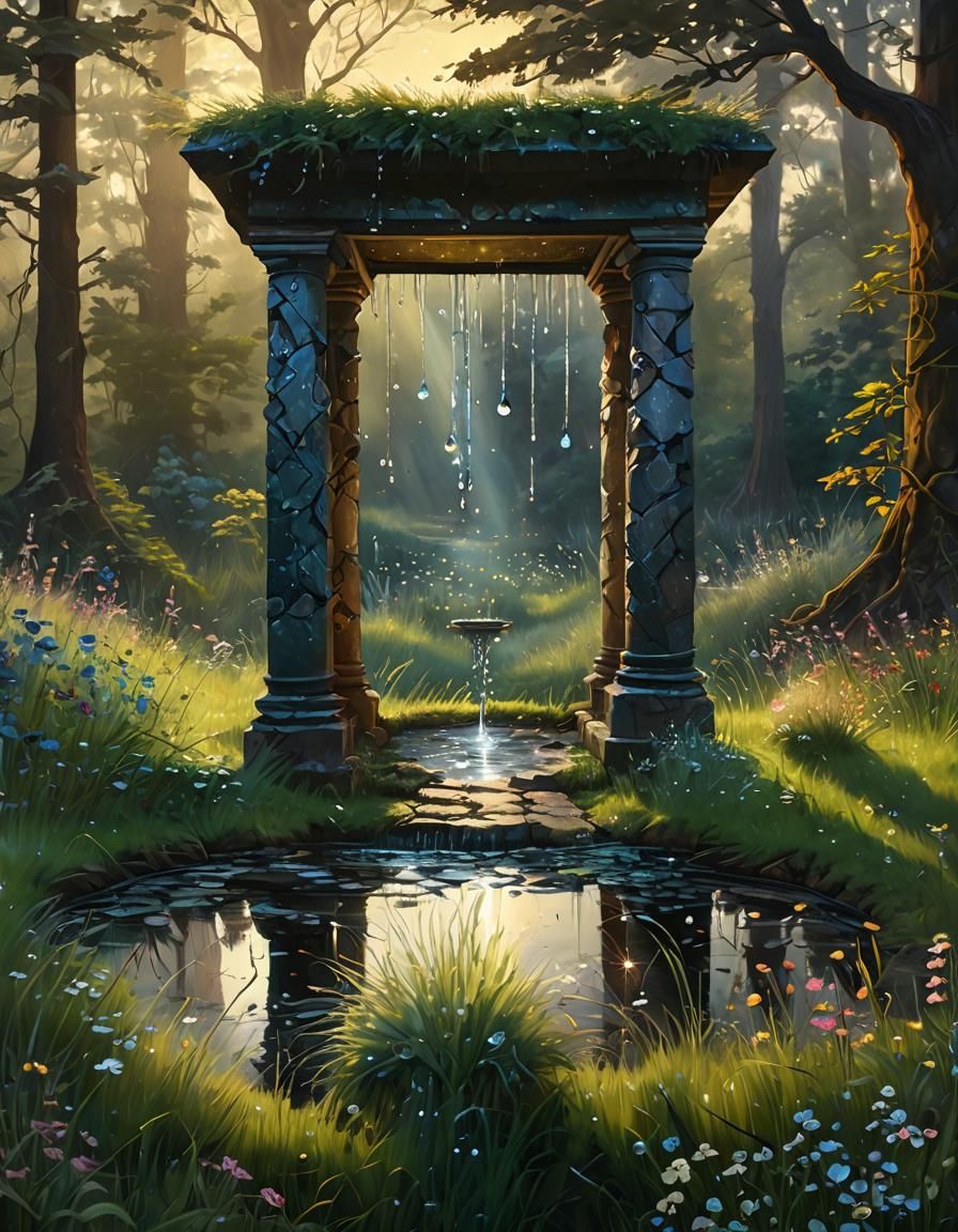 Ancient Well with Dew Drops: Moody Oil Painting