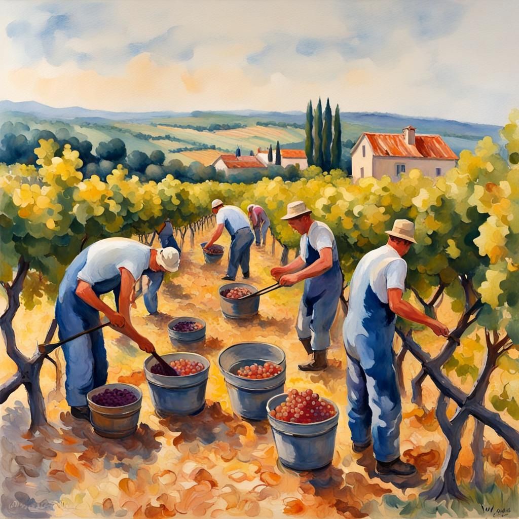 Workers harvesting grapes at a beautiful old French vineyard.