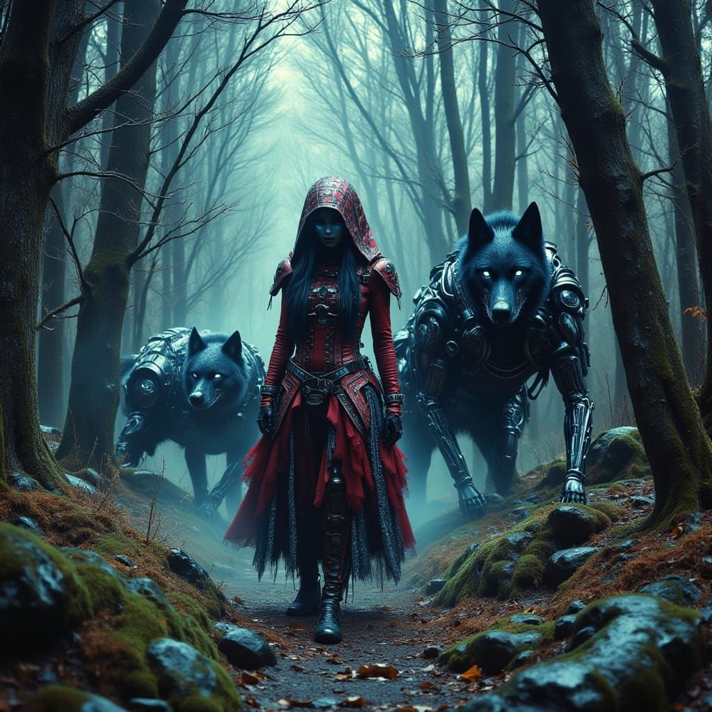 Little Red Riding Hood in Cyberpunk Forest