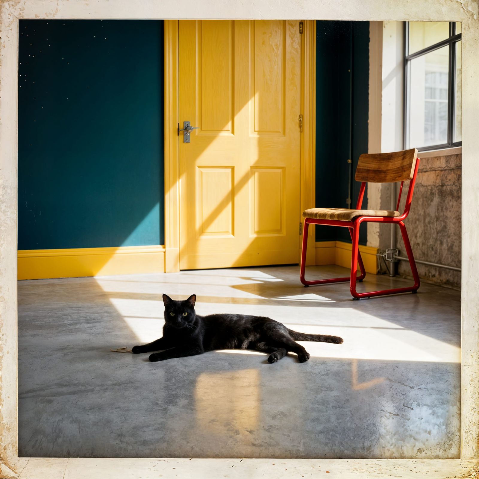 Faded Polaroid of Apartment Interior with Cat and Chair