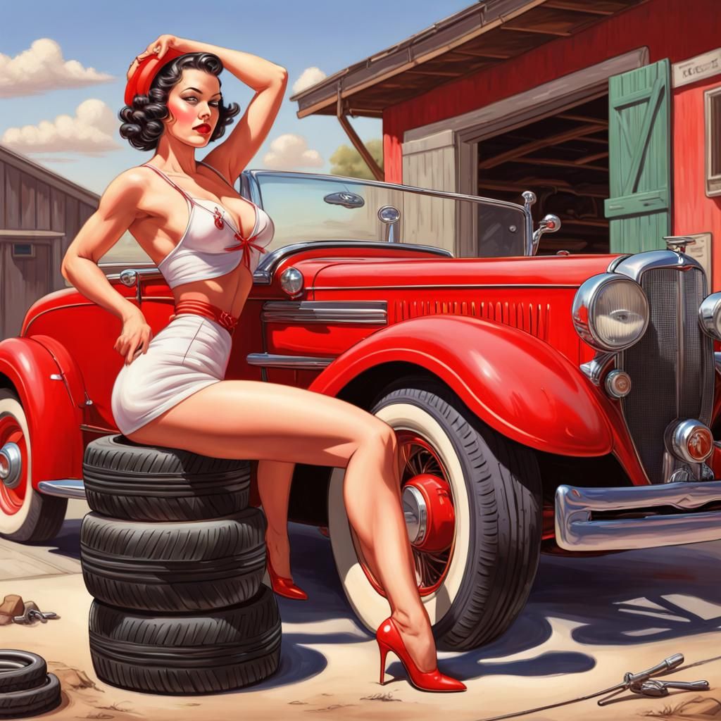1930s Pin-Up Girl Changing Tire on Red Convertible
