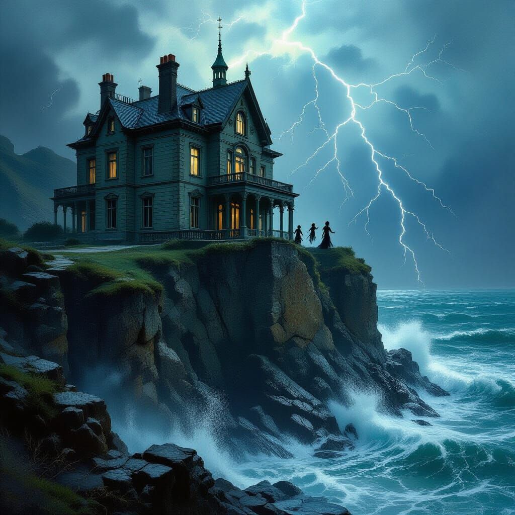 Victorian Mansion on Stormy Cliff as Painterly Art