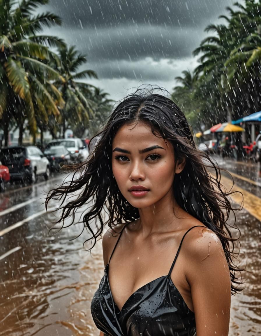 Indonesian Woman in Storm on Beach: Raw Photo