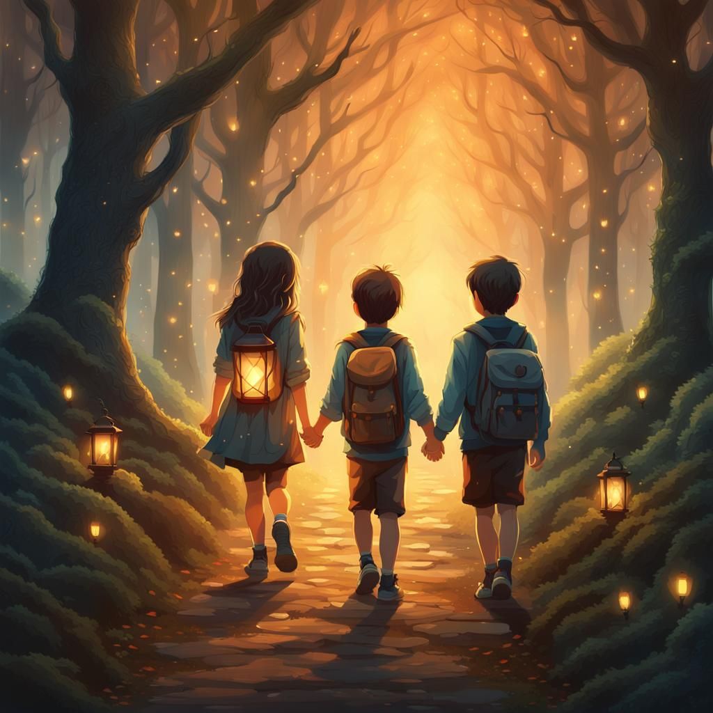 Mystic Forest Adventure: Siblings Holding Hands