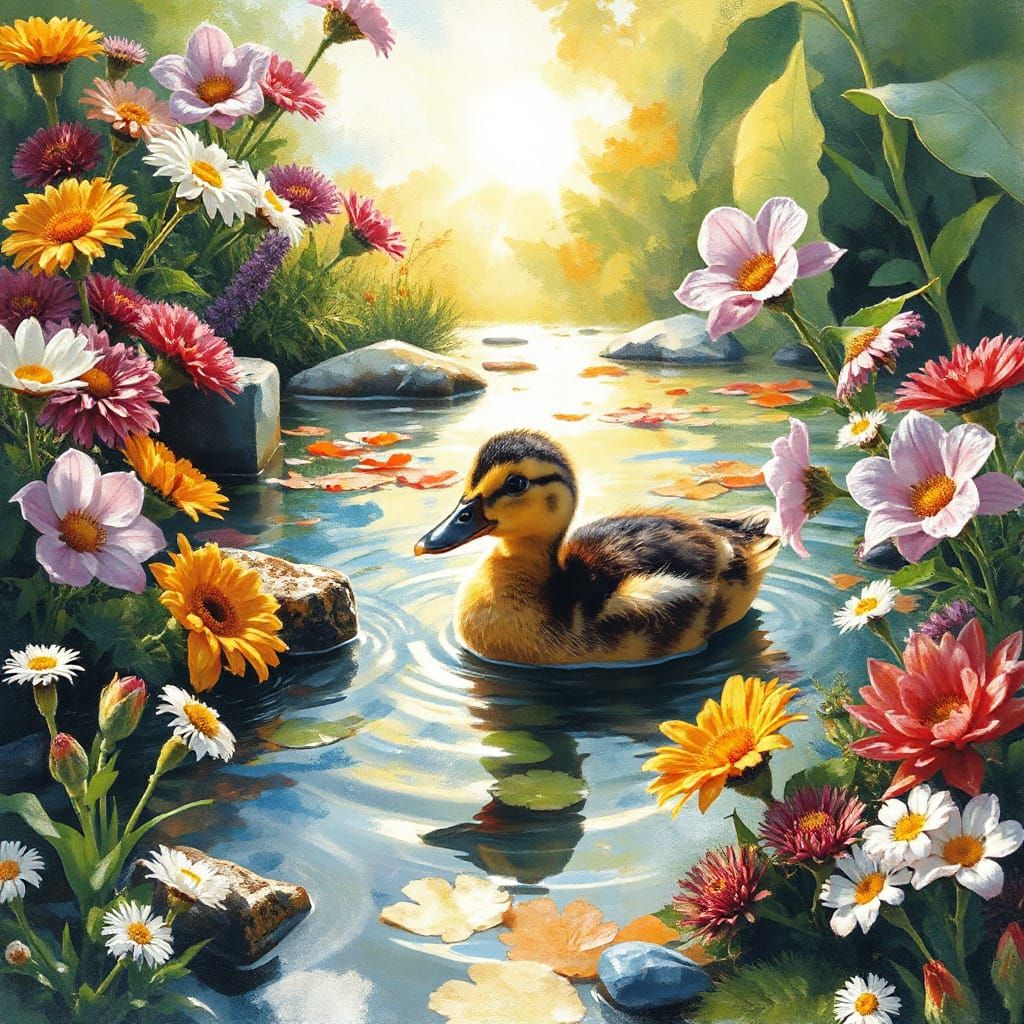 Duckling in Sunlit Garden: Fractal Watercolour Abstract Expr...