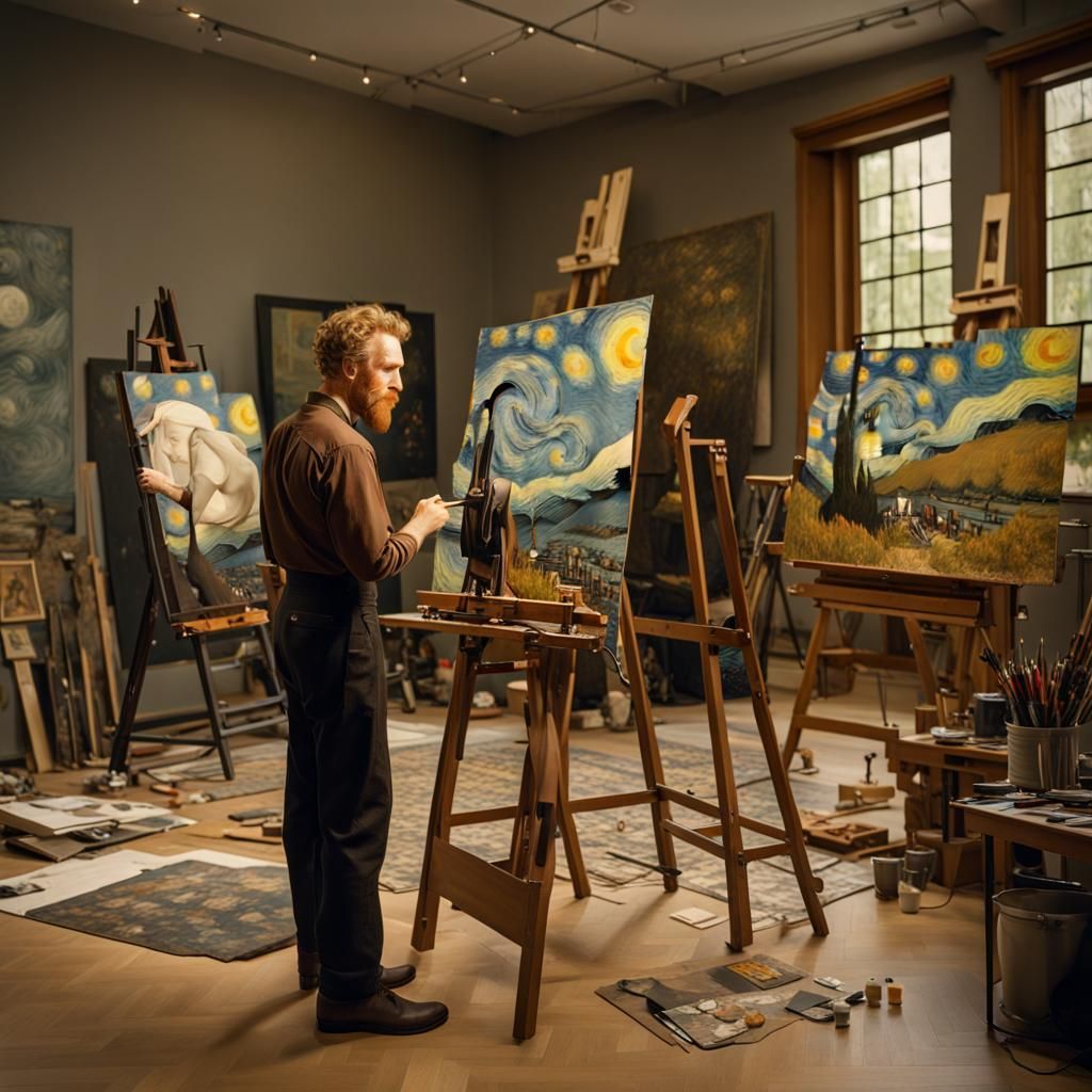 Artist in Studio Painting Starry Night Portrait