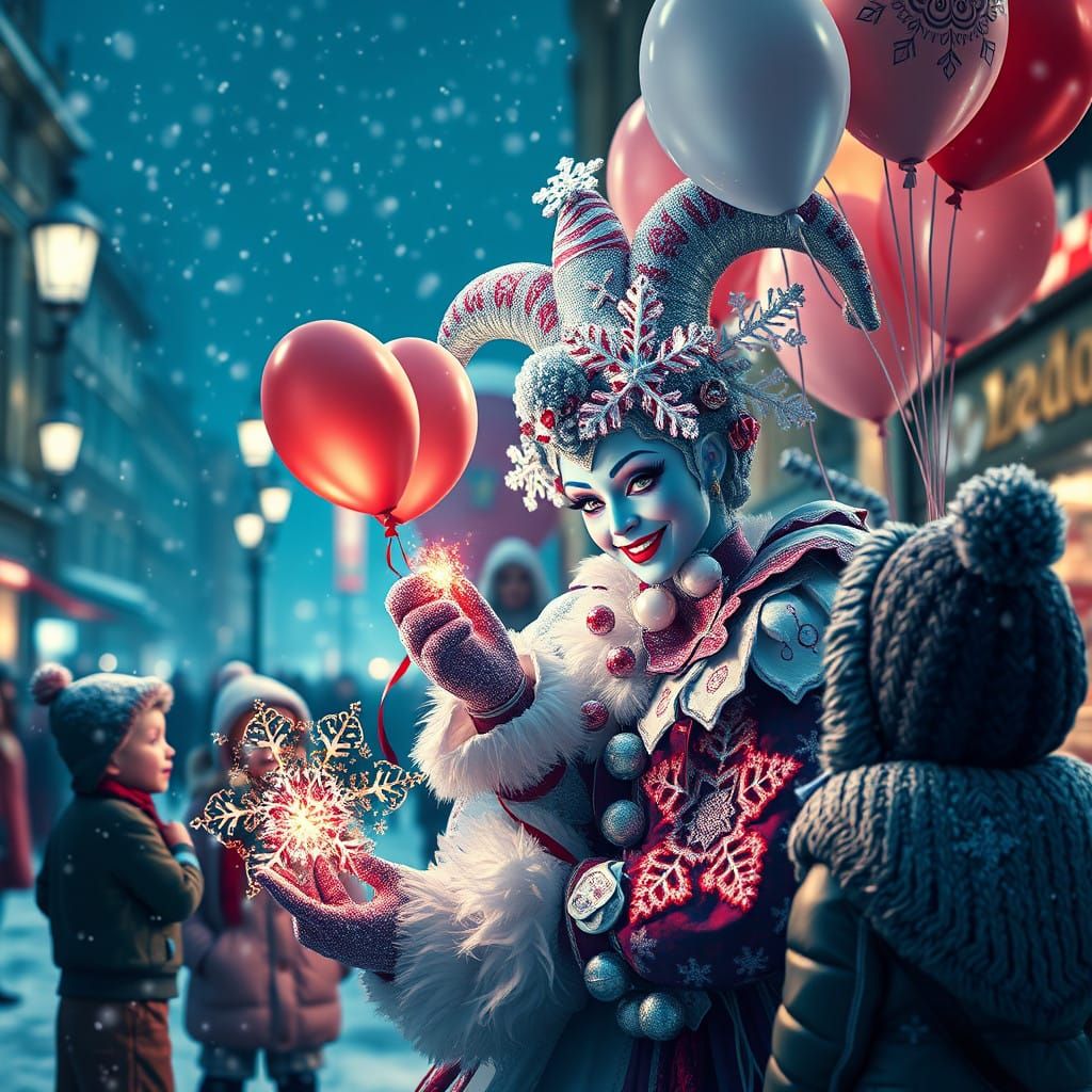 Whimsical Snowflake Jester Enchants Winter Wonderland in Rus...