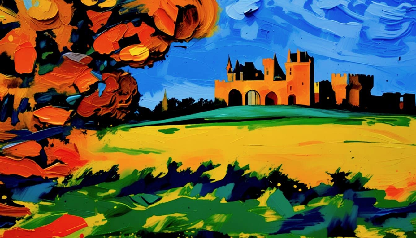 Abstract Castle Landscape Painting in Expressionist Style