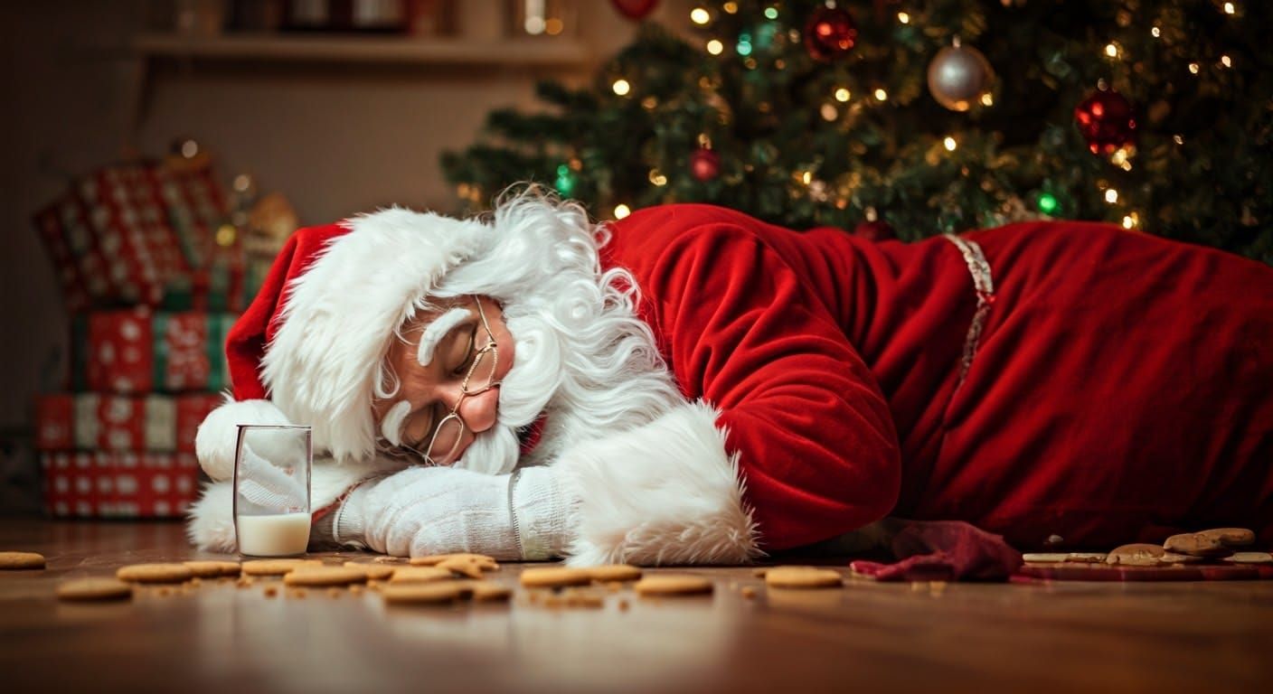 Christmas Santa Snoozes Under Festive Tree with Broken Cooki...