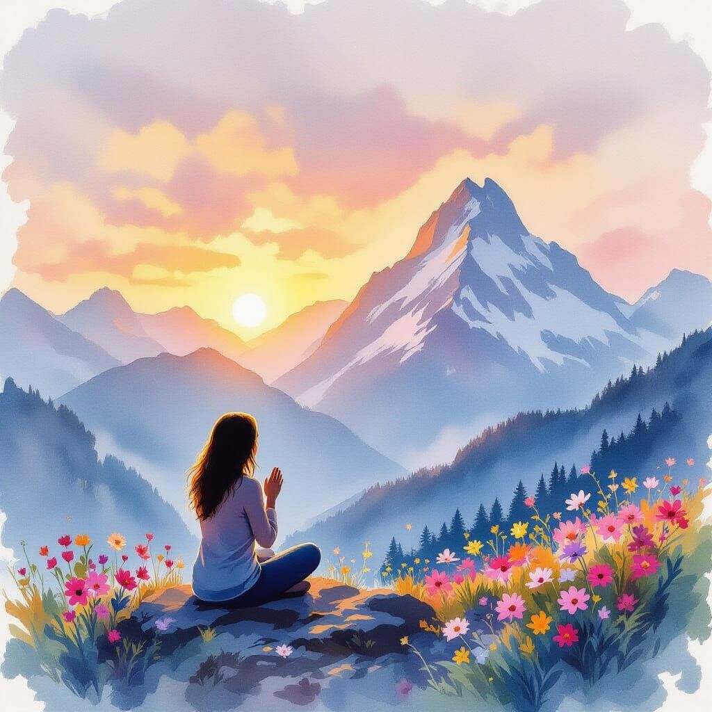 Woman Praying on Mountain Summit at Sunrise Watercolor