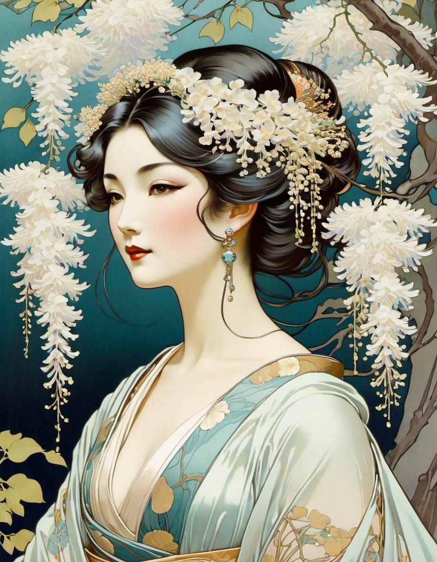 Geisha Surrounded by Wisteria in Art Nouveau Style