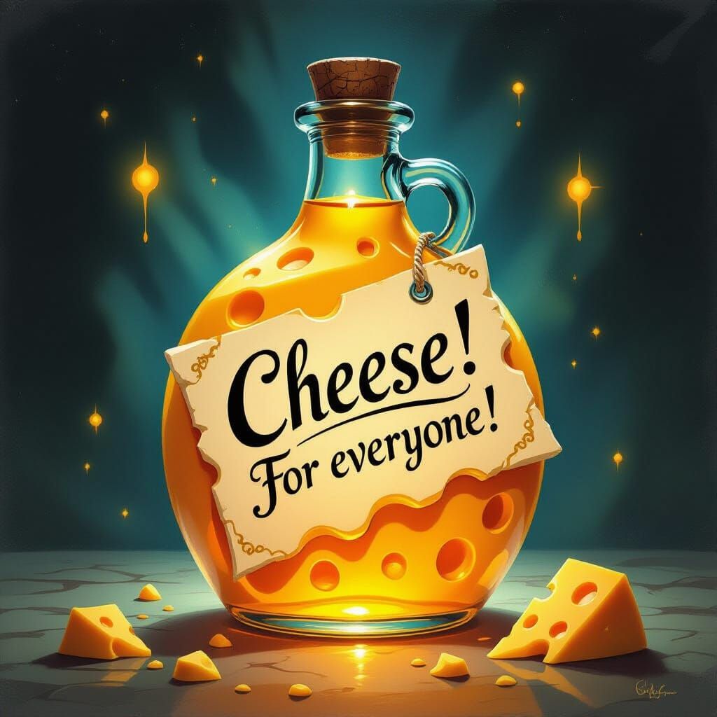 A twisted bottle of potion of cheese, complete with a handwr...